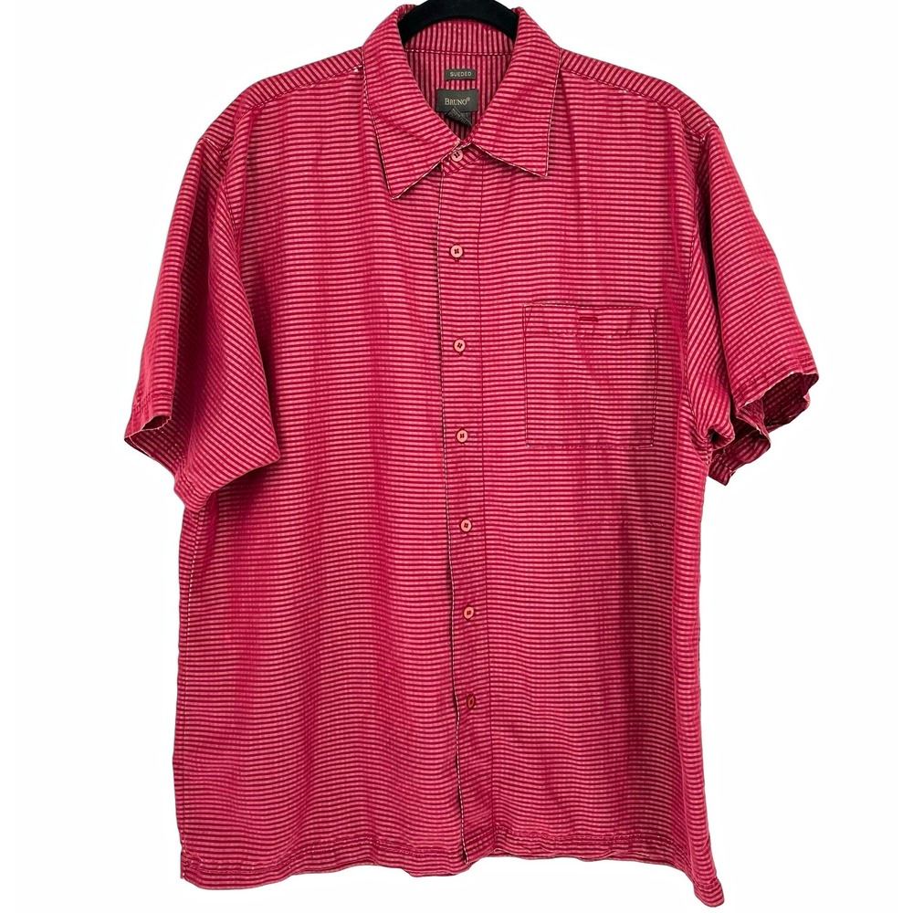 Bruno Men's Large Red Stripe Short Sleeve Button Shirt Sueded Casual Retro